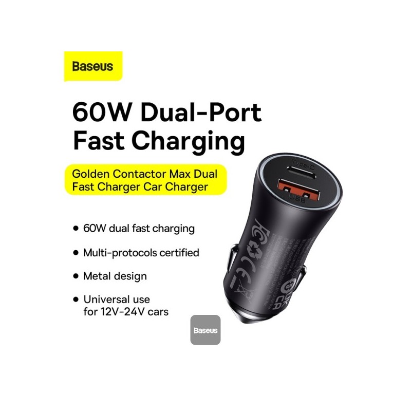 Buy Baseus Golden Contactor Max Car Charger - U+C 60W Dark Gray in Cyprus, Nicosia, Limassol, Larnaka, Pafos