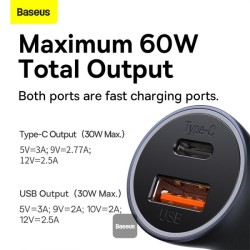 Buy Baseus Golden Contactor Max Car Charger - U+C 60W Dark Gray in Cyprus, Nicosia, Limassol, Larnaka, Pafos