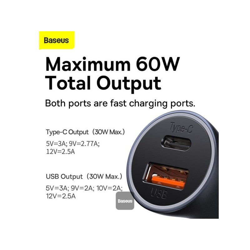 Buy Baseus Golden Contactor Max Car Charger - U+C 60W Dark Gray in Cyprus, Nicosia, Limassol, Larnaka, Pafos