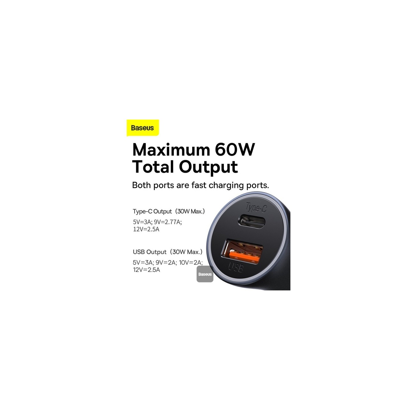 Baseus Golden Contactor Max Car Charger - U+C 60W Dark Gray — Buy in Cyprus with Fast Delivery
