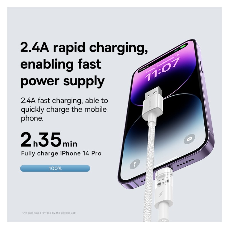 Buy Baseus Cable Lightning to USB-A Gem Series - 2m Moon White in Cyprus, Nicosia, Limassol, Larnaka, Pafos