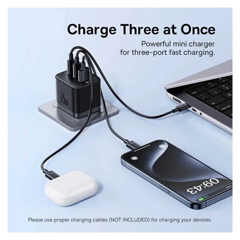 Buy Baseus Charger Wall - 65W 2C+U PALM Series UK Black in Cyprus, Nicosia, Limassol, Larnaka, Pafos