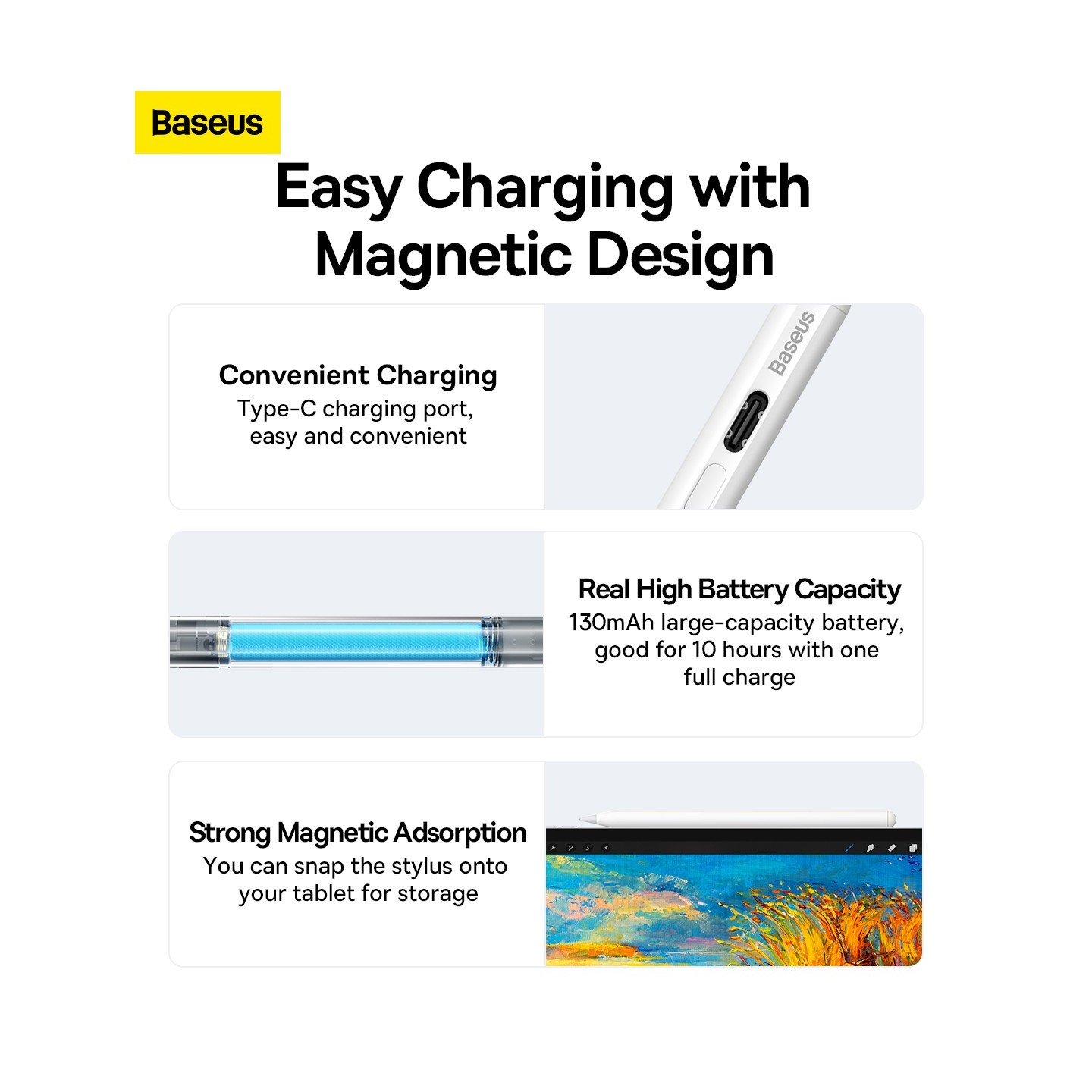 Baseus IT Stylus - Active Passive USB-C with LED Indicators White — Buy in Cyprus with Fast Delivery
