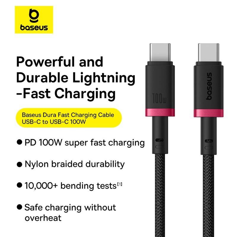 Buy Baseus Cable - USB-C to USB-C, Dura Braided, 2.0m, 100W, Black+Red in Cyprus, Nicosia, Limassol, Larnaka, Pafos
