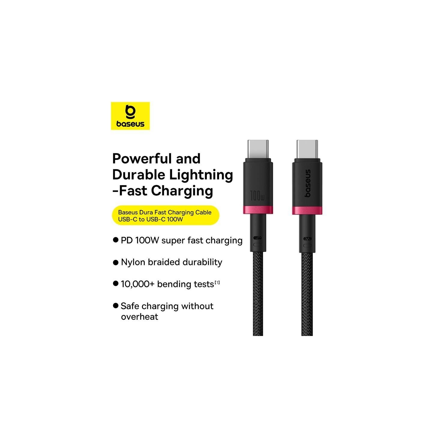 Baseus Dura USB-C to USB-C Braided Cable 2m 100W Black+Red (Boxed) — Buy in Cyprus with Fast Delivery