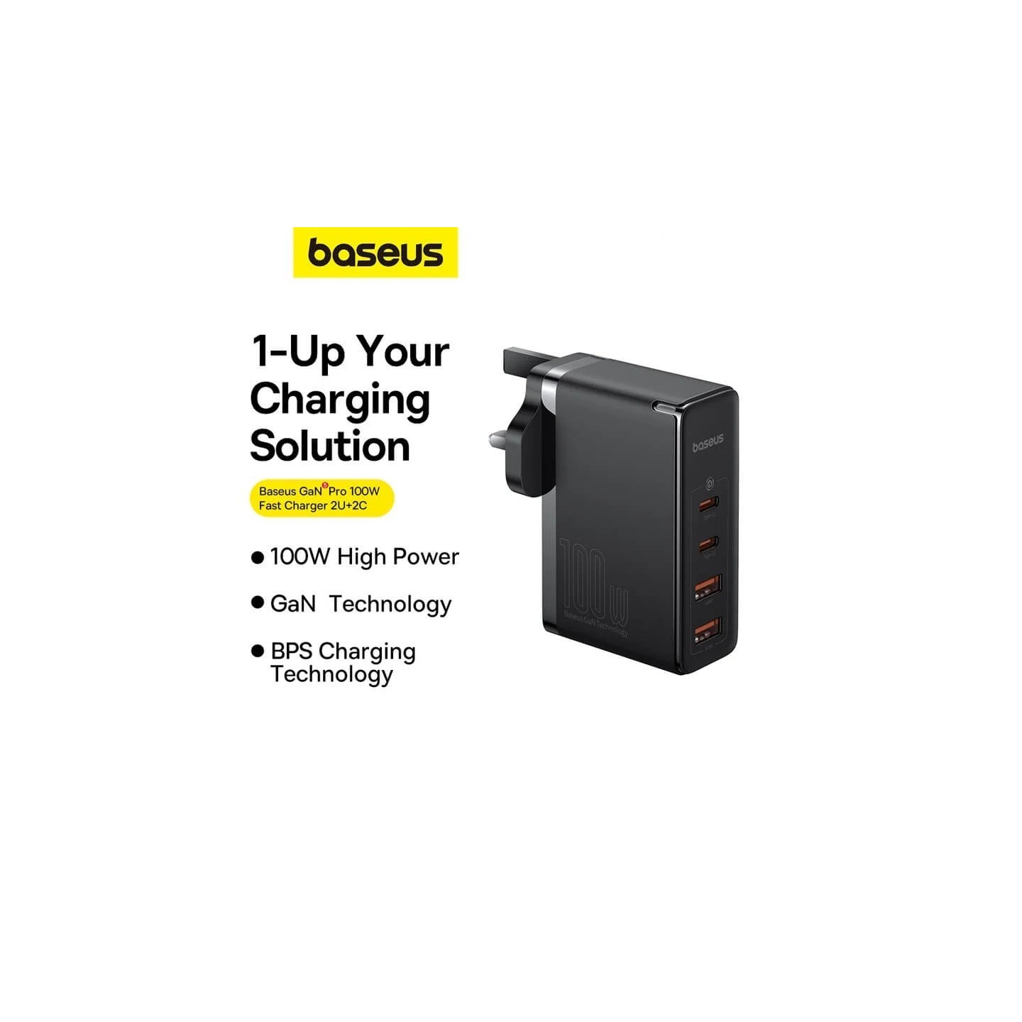 Baseus Charger Wall - 100W 2xUSB-C 2xUSB-A UK+100W USB-C Cable Black — Buy in Cyprus with Fast Delivery