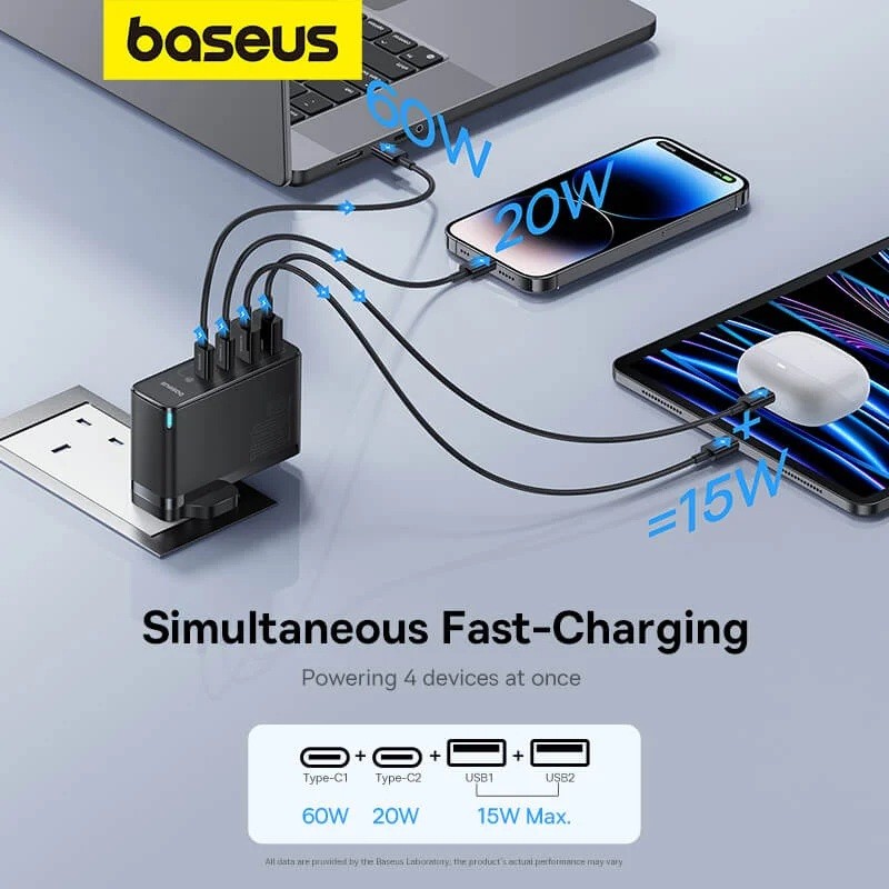 Buy Baseus Charger Wall - 100W 2xUSB-C 2xUSB-A UK+100W USB-C Cable Black in Cyprus, Nicosia, Limassol, Larnaka, Pafos