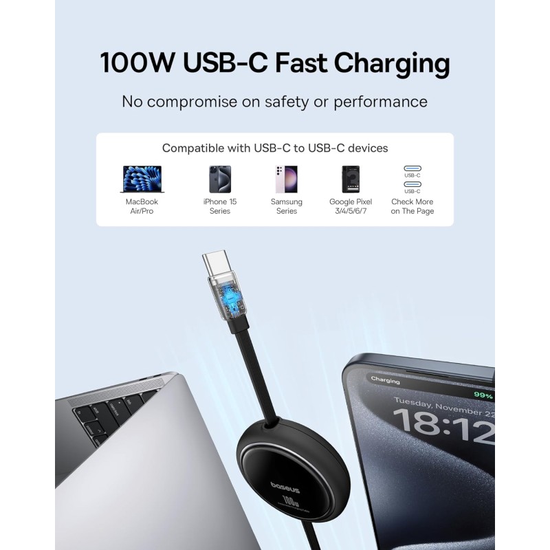 Buy Baseus Cable USB-C to USB-C Free2Draw Retractable Cable 100W 1m Black - USB-... in Cyprus, Nicosia, Limassol, Larnaka, Pafos