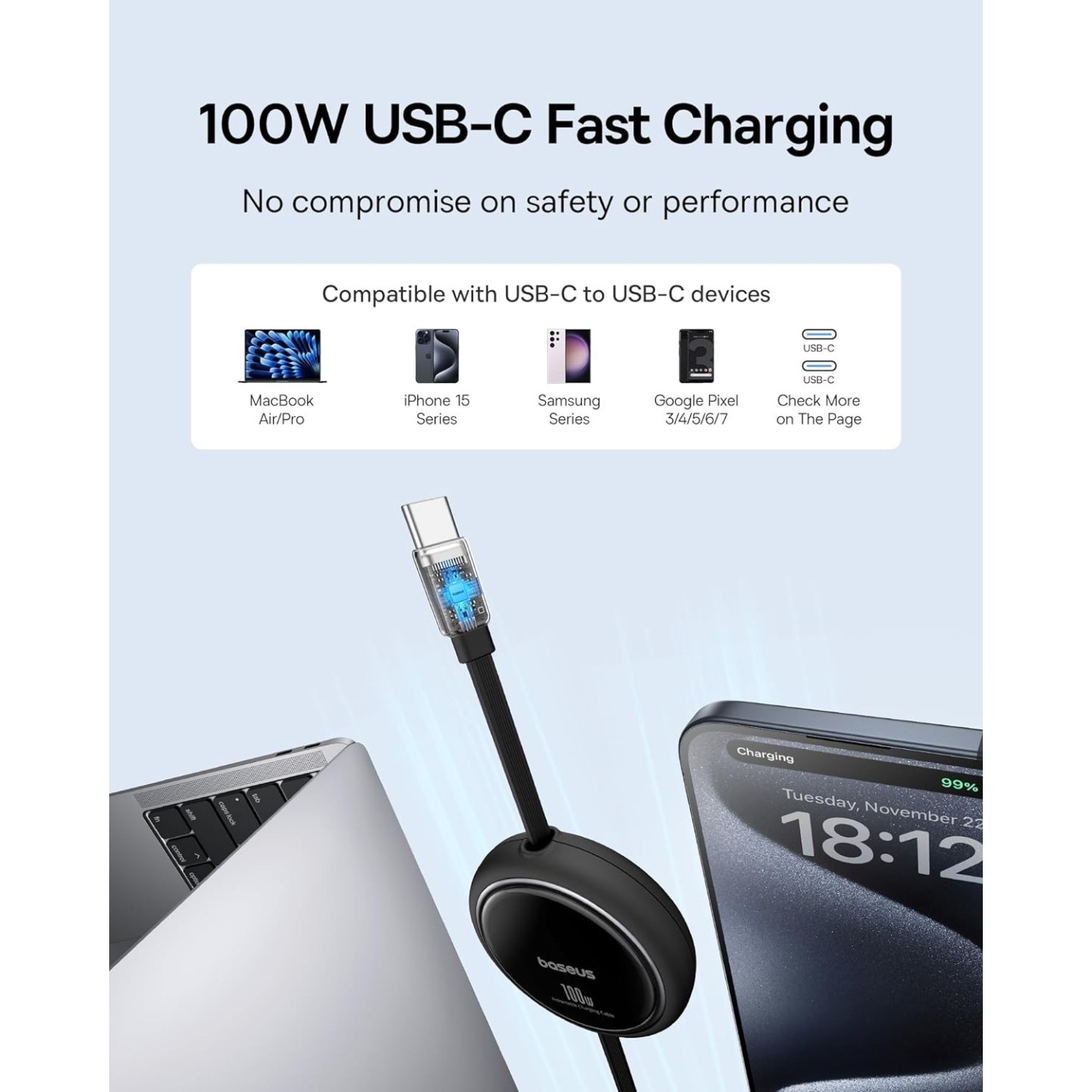 Baseus Free2Draw USB-C to USB-C Retractable Cable 100W 1m Black (Boxed) — Buy in Cyprus with Fast Delivery