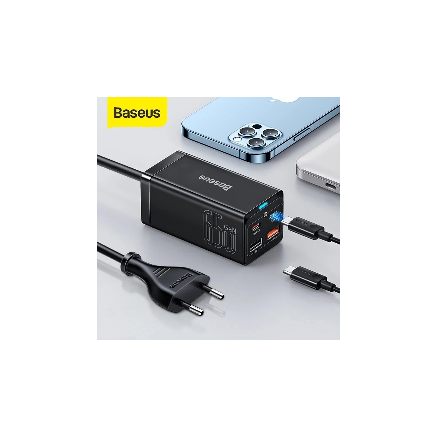 Baseus Charger Desktop - 65W 2C+2U EU+100W USB-C Cable Black — Buy in Cyprus with Fast Delivery