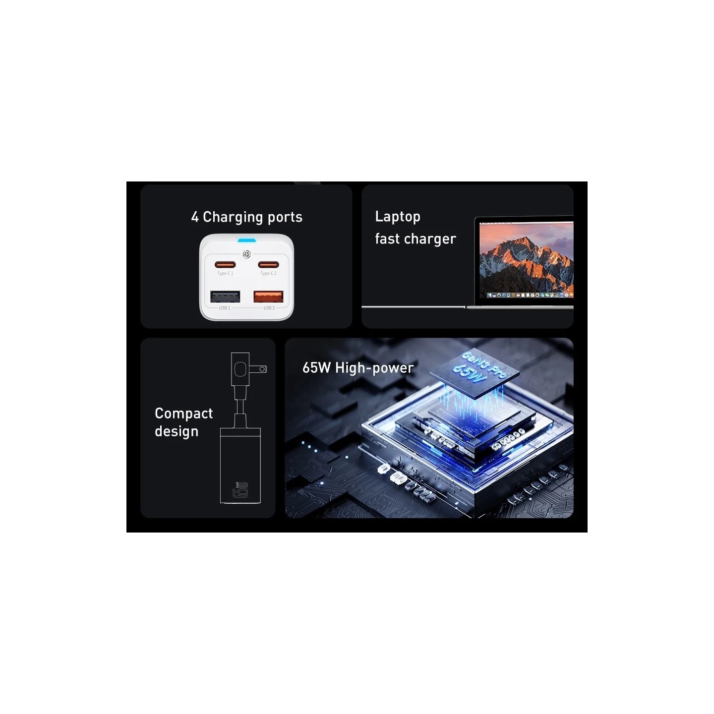 Baseus Charger Desktop - 65W 2C+2U EU+100W USB-C Cable Black — Buy in Cyprus with Fast Delivery