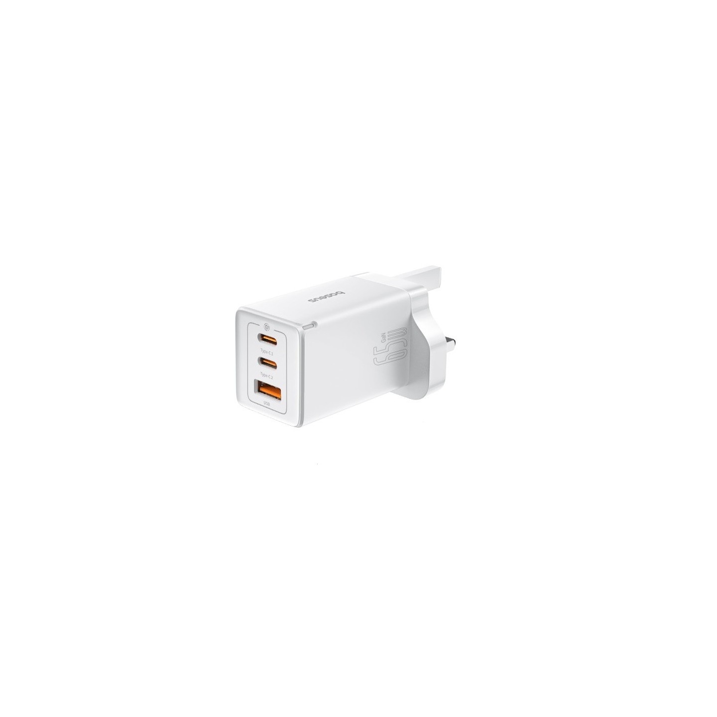 Baseus Charger Wall 65W USB-Cx2 USB-A UK+100W USB-C Cable White - 65W, USB-Cx2, USB-A, UK plug, White