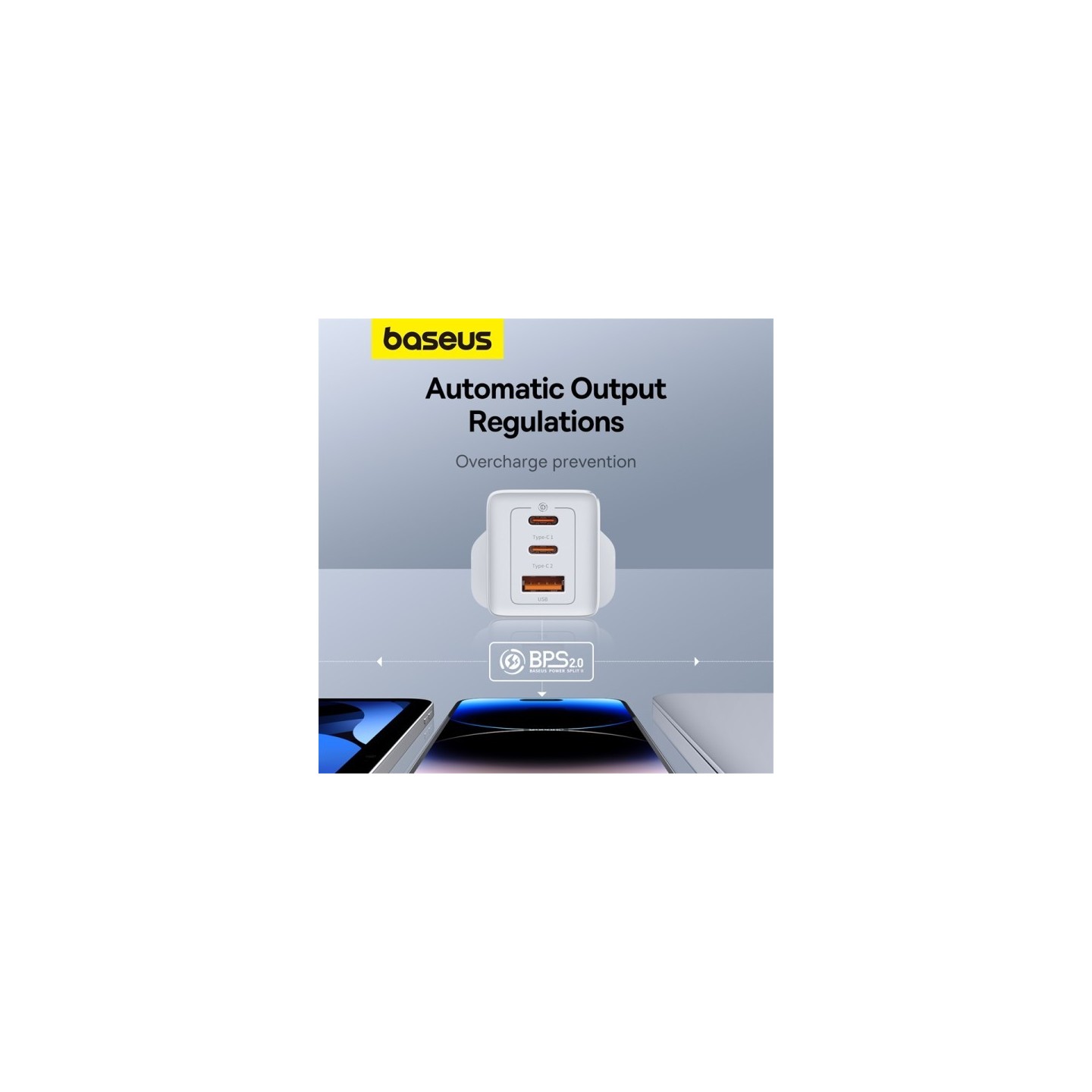 Baseus Charger Wall 65W USB-Cx2 USB-A UK+100W USB-C Cable White - 65W, USB-Cx2, USB-A, UK plug, White