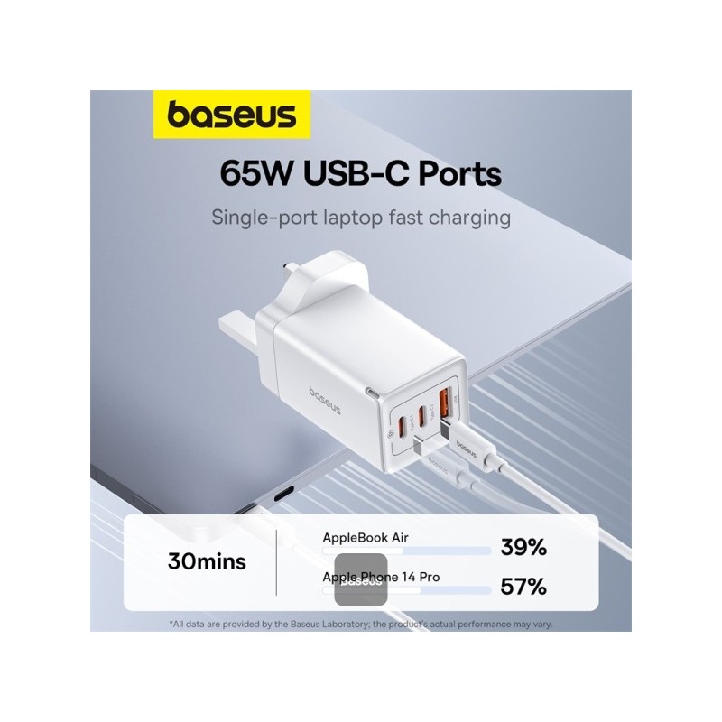Buy Baseus Charger Wall 65W USB-Cx2 USB-A UK+100W USB-C Cable White - 65W, USB-C... in Cyprus, Nicosia, Limassol, Larnaka, Pafos