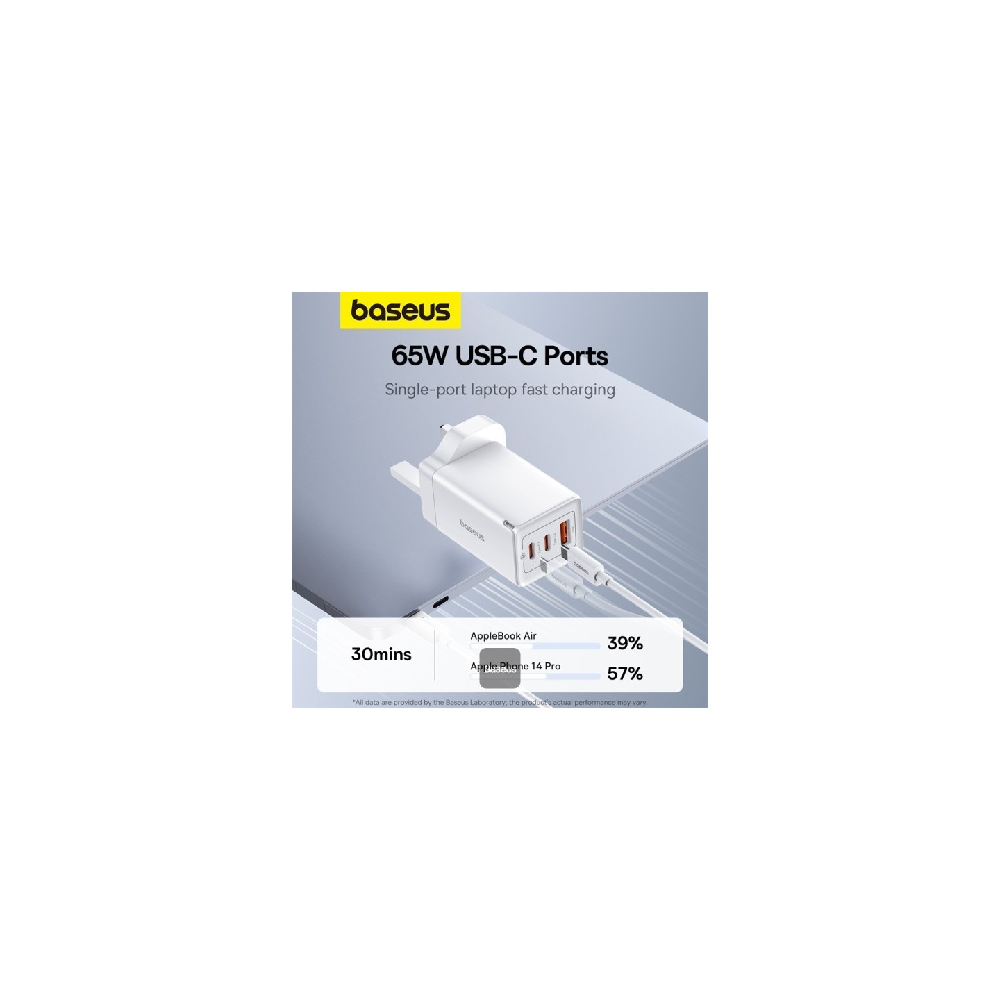 Baseus Charger Wall 65W USB-Cx2 USB-A UK+100W USB-C Cable White - 65W, USB-Cx2, USB-A, UK plug, White