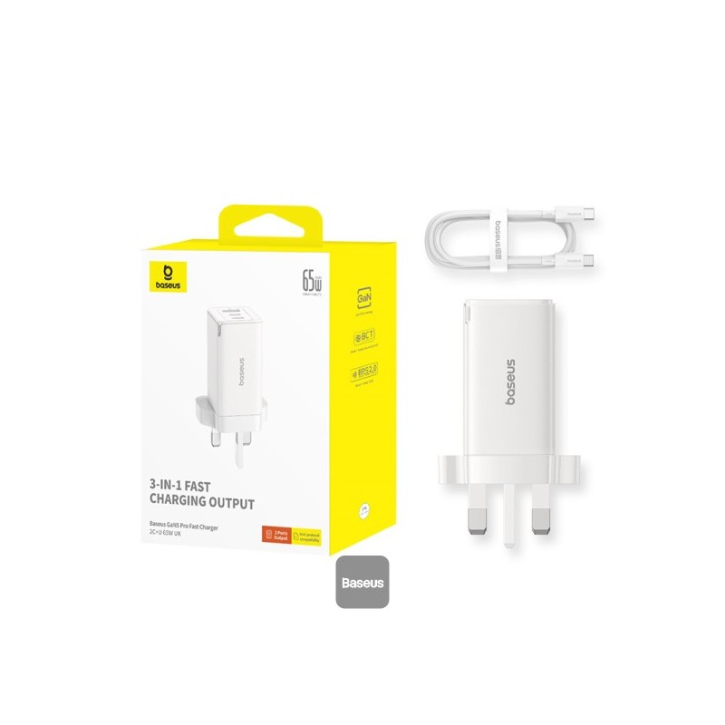 Buy Baseus Charger Wall 65W USB-Cx2 USB-A UK+100W USB-C Cable White - 65W, USB-C... in Cyprus, Nicosia, Limassol, Larnaka, Pafos