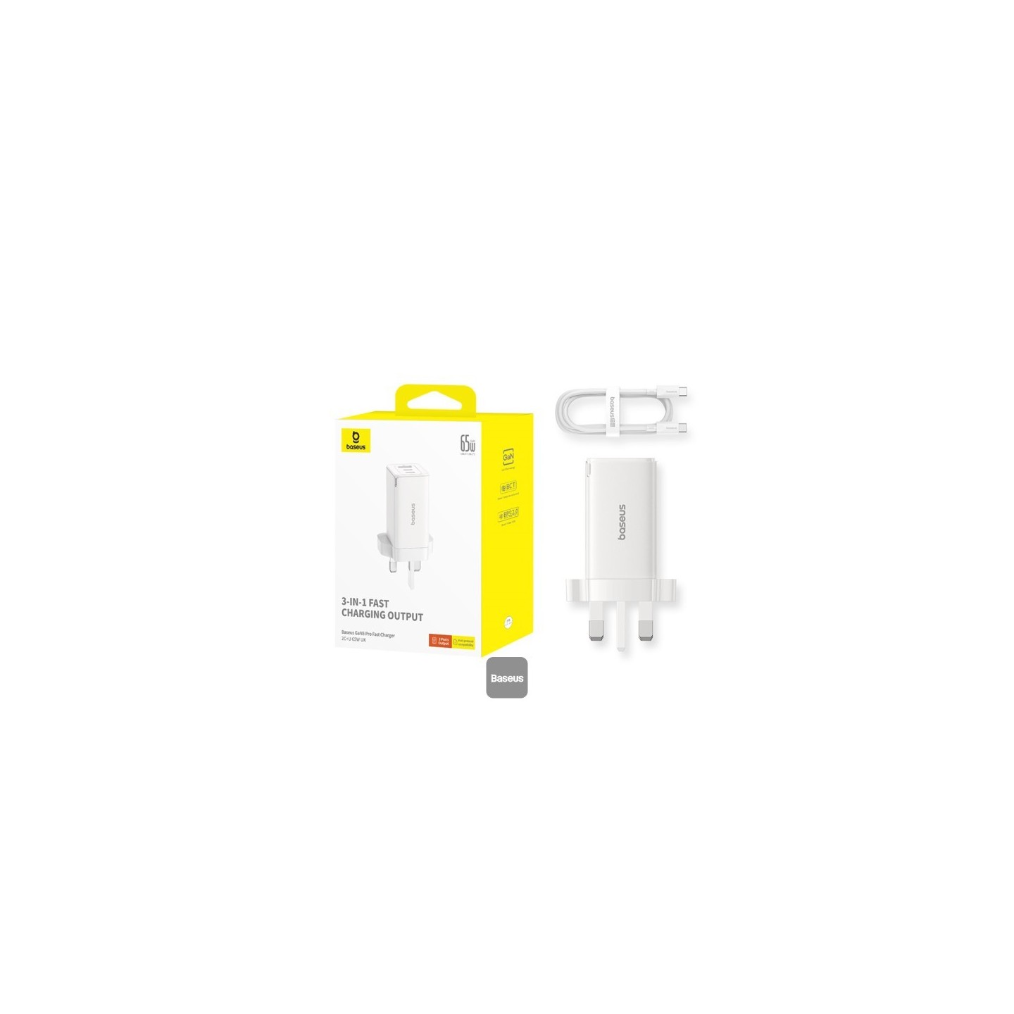 Baseus Charger Wall 65W USB-Cx2 USB-A UK+100W USB-C Cable White - 65W, USB-Cx2, USB-A, UK plug, White