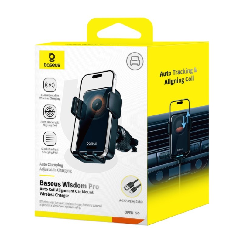 Buy Baseus Car Charger - Wireless AirVent Wisdom Pro Auto Coil Alignment 15W Black in Cyprus, Nicosia, Limassol, Larnaka, Pafos