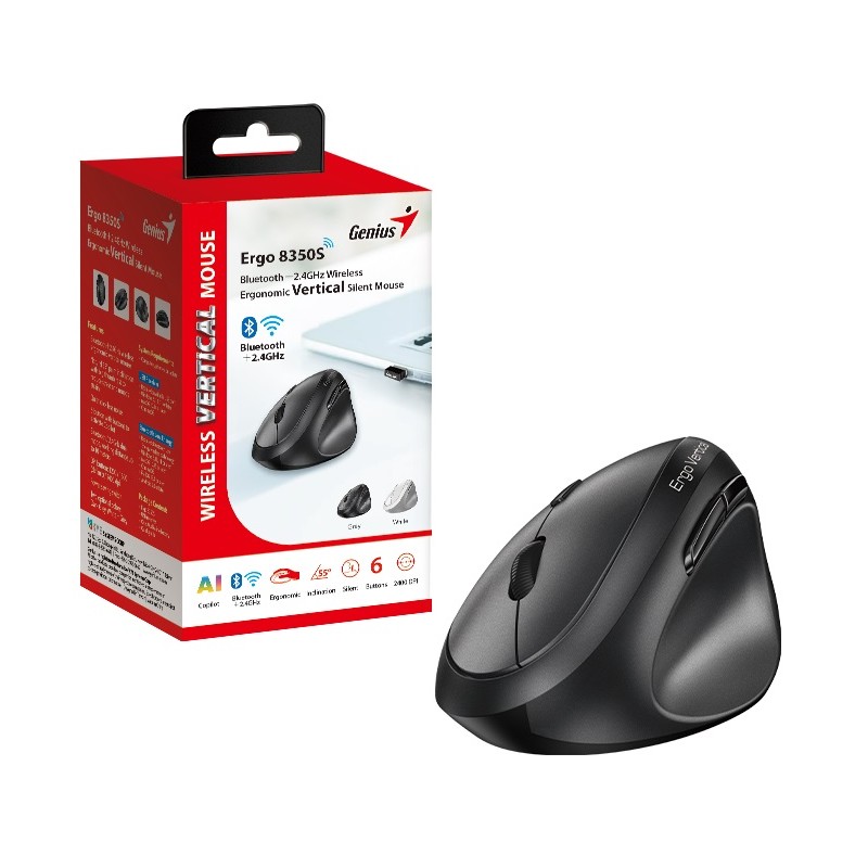 Buy Genius Mouse Ergonomic Wireless+BT Vertical Silent AI - 8350S - Dark Gray in Cyprus, Nicosia, Limassol, Larnaka, Pafos