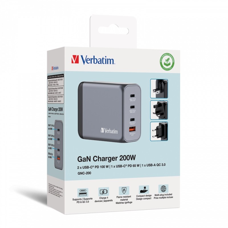 Buy Verbatim GaN Charger 4 Port 200W USB A C - GNC-200 - (EU UK US) in Cyprus, Nicosia, Limassol, Larnaka, Pafos