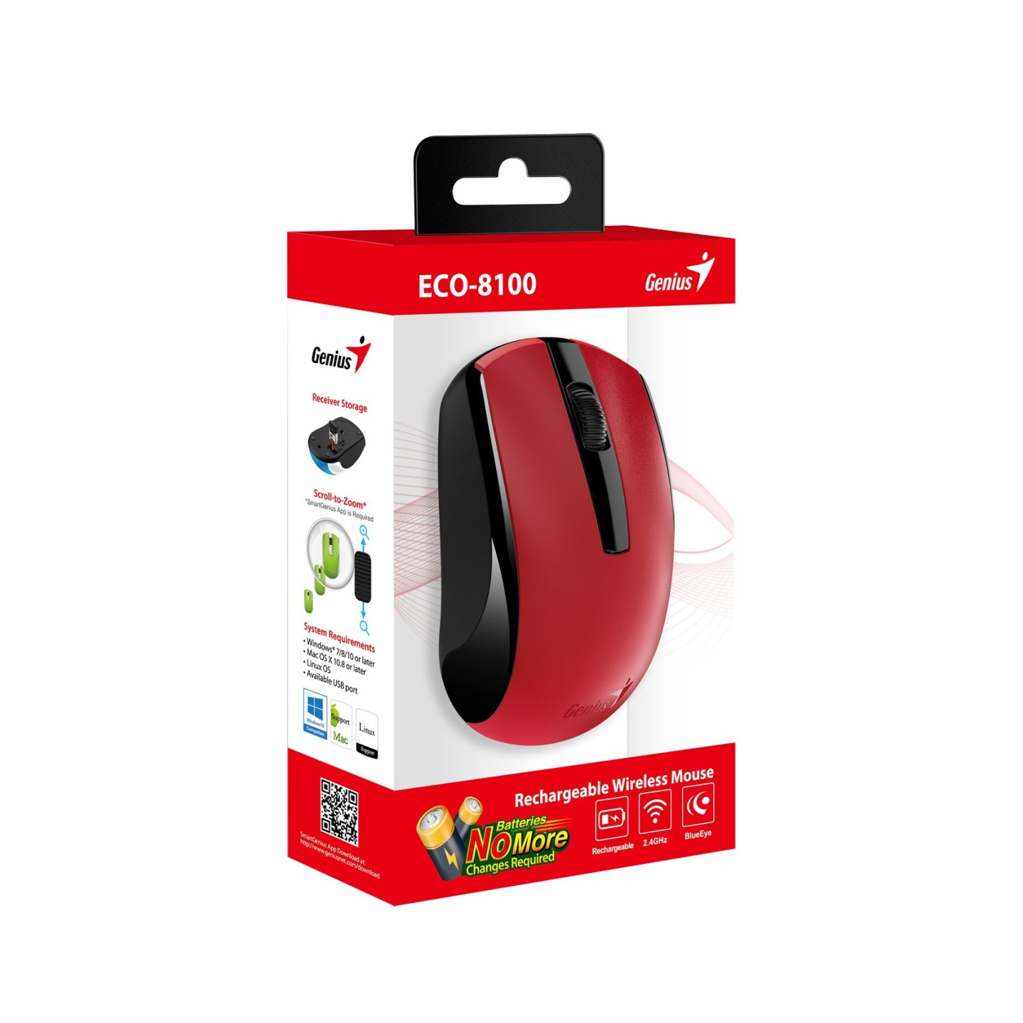 Genius ECO-8100 Wireless Rechargeable Mouse - 800-1600 DPI Red (Boxed) — Buy in Cyprus with Fast Delivery
