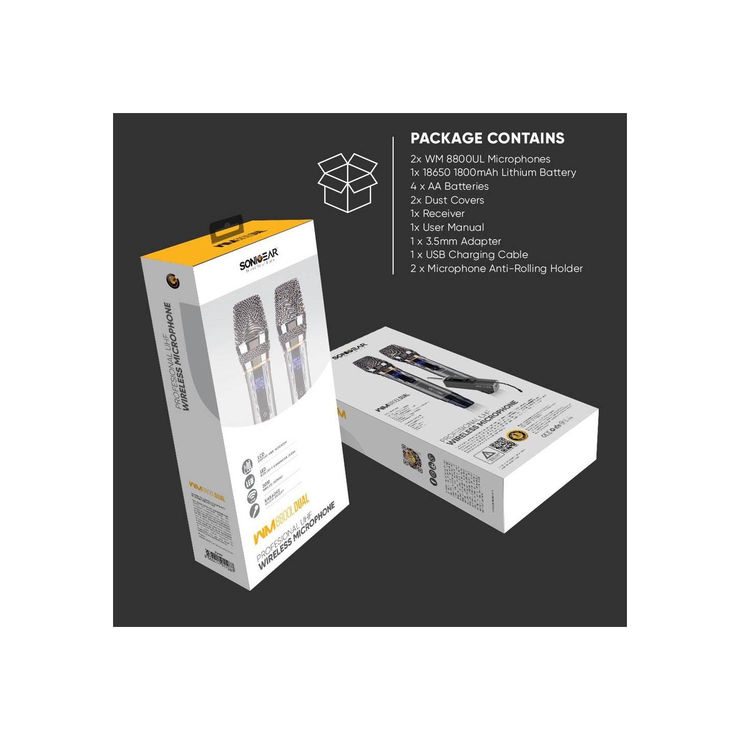 SonicGear Microphones - WM8800UL - Dual 2 Studio Quality Metal Body Wireless UHF Microphones with Receiver