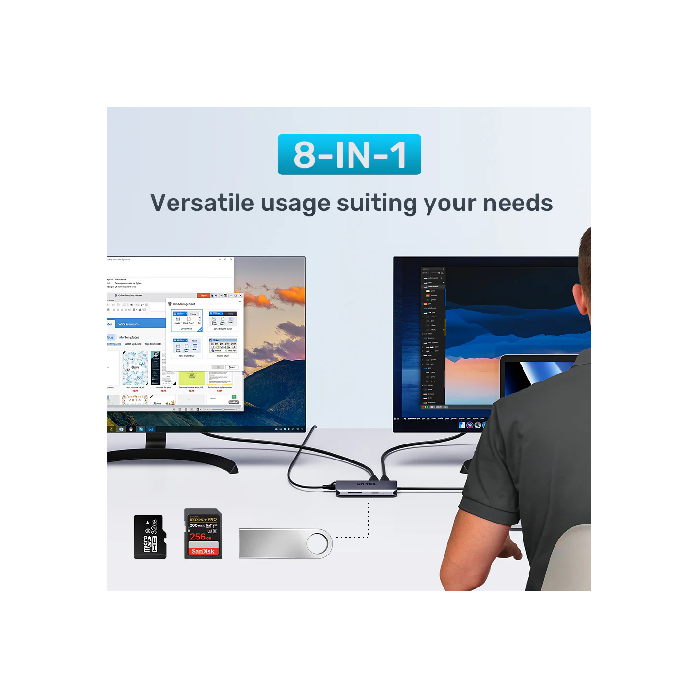 Unitek D1122A USB-C Hub 8-in-1: 2xHDMI 4K60Hz MST, 2xUSB3.0, GbE, PD100W — Armenius Store Cyprus