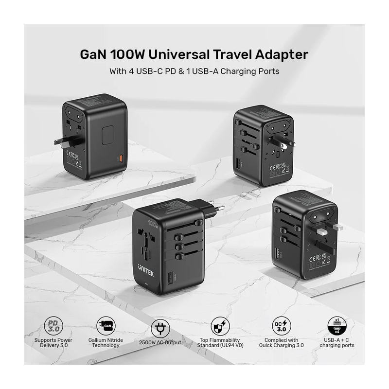 Buy Unitek World Travel Adapter & 100W Charger - P1123A - EU UK US 4x USB-C + 1x... in Cyprus, Nicosia, Limassol, Larnaka, Pafos