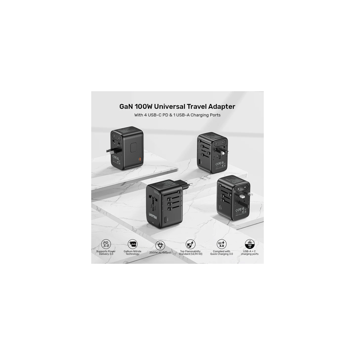 Unitek World Travel Adapter & 100W Charger - P1123A - EU UK US 4x USB-C + 1x USB-A — Buy in Cyprus with Fast Delivery