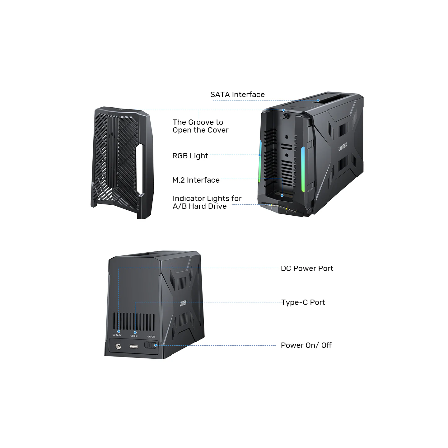 Unitek USB-C NVME PCIe SATA HDD Docking Station - S1234B - USB-C NVME PCIe SATA HDD 10Gbps RGB