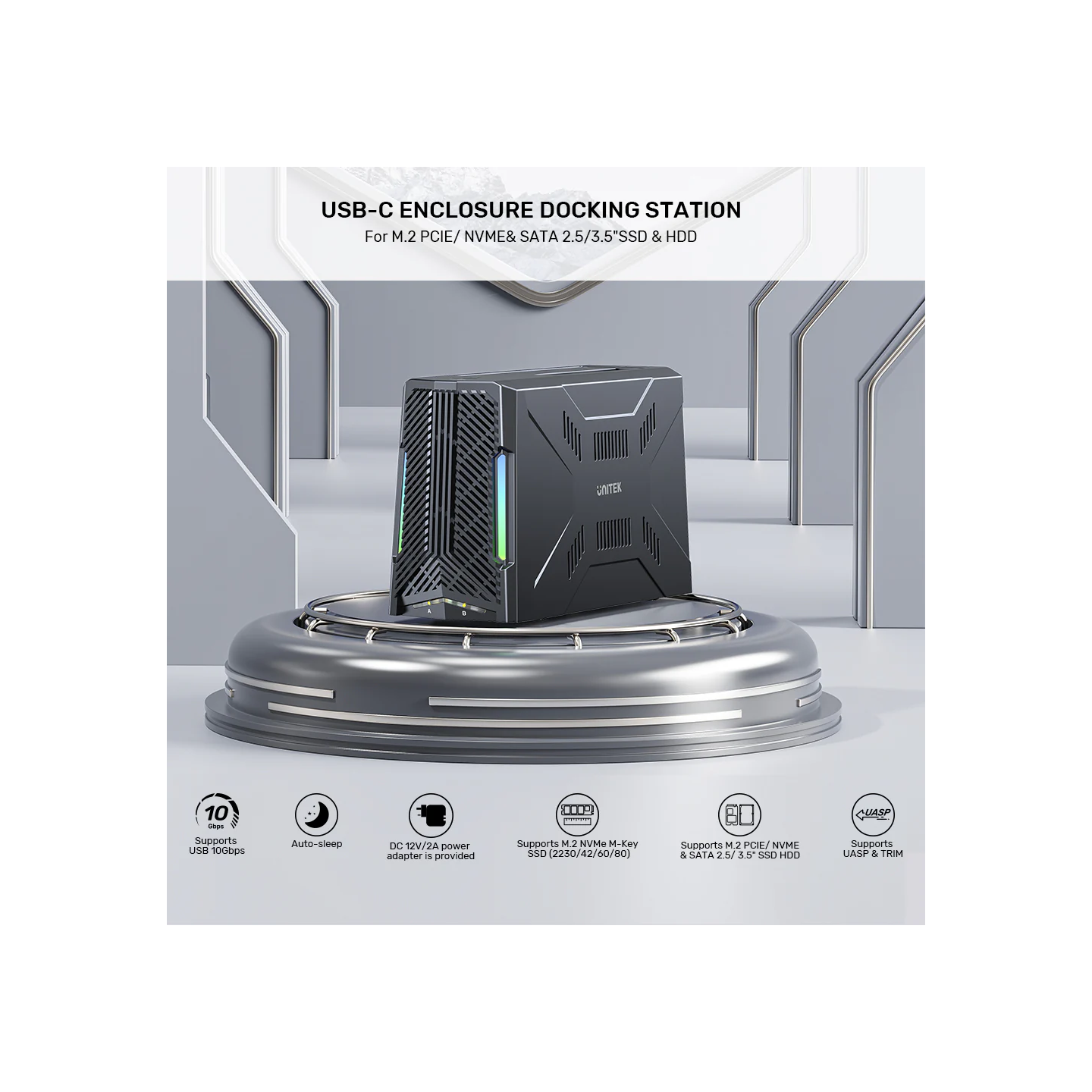 Unitek USB-C NVME PCIe SATA HDD Docking Station - S1234B - USB-C NVME PCIe SATA HDD 10Gbps RGB