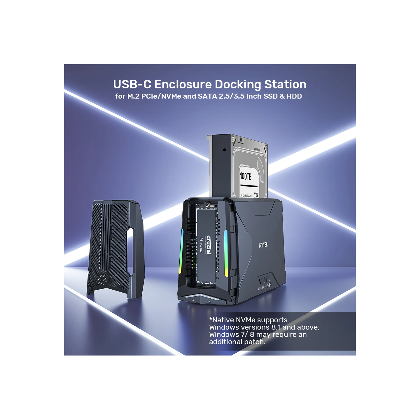 Unitek USB-C NVME PCIe SATA HDD Docking Station - S1234B - USB-C NVME PCIe SATA HDD 10Gbps RGB