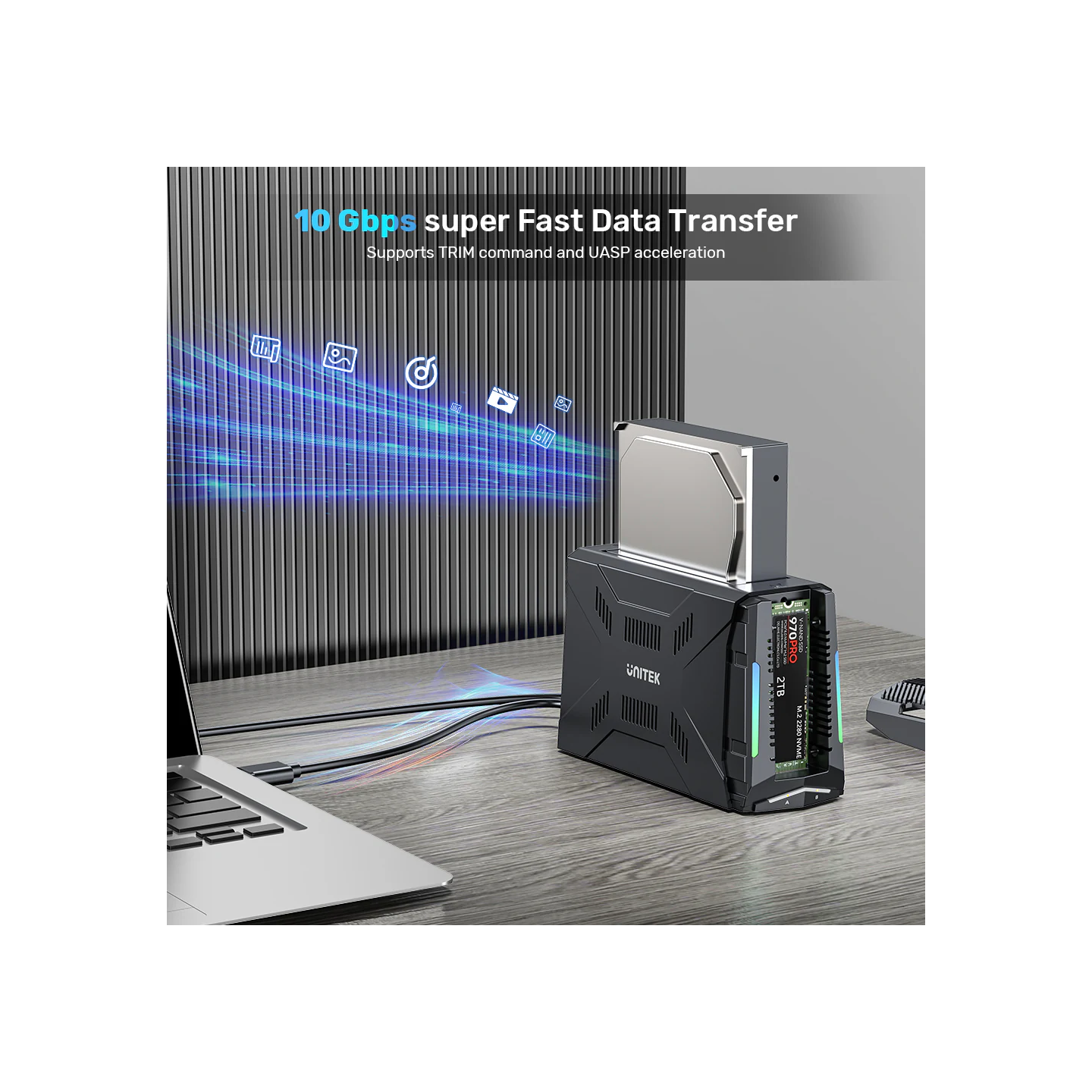 Unitek USB-C NVME PCIe SATA HDD Docking Station - S1234B - USB-C NVME PCIe SATA HDD 10Gbps RGB