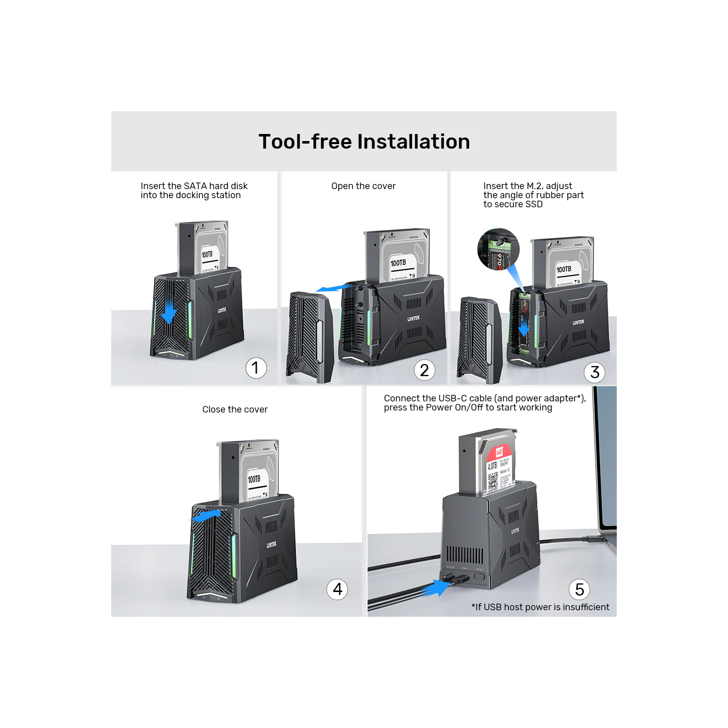 Unitek USB-C NVME PCIe SATA HDD Docking Station - S1234B - USB-C NVME PCIe SATA HDD 10Gbps RGB