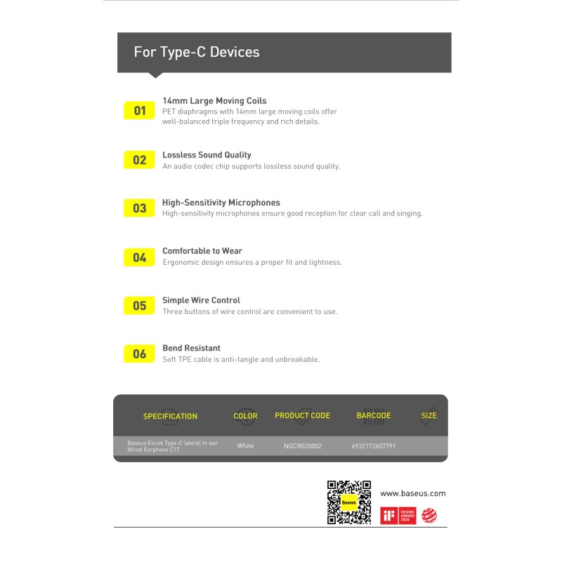 Buy Baseus Headphones In Ear Wired 3.5mm - H17 - White in Cyprus, Nicosia, Limassol, Larnaka, Pafos