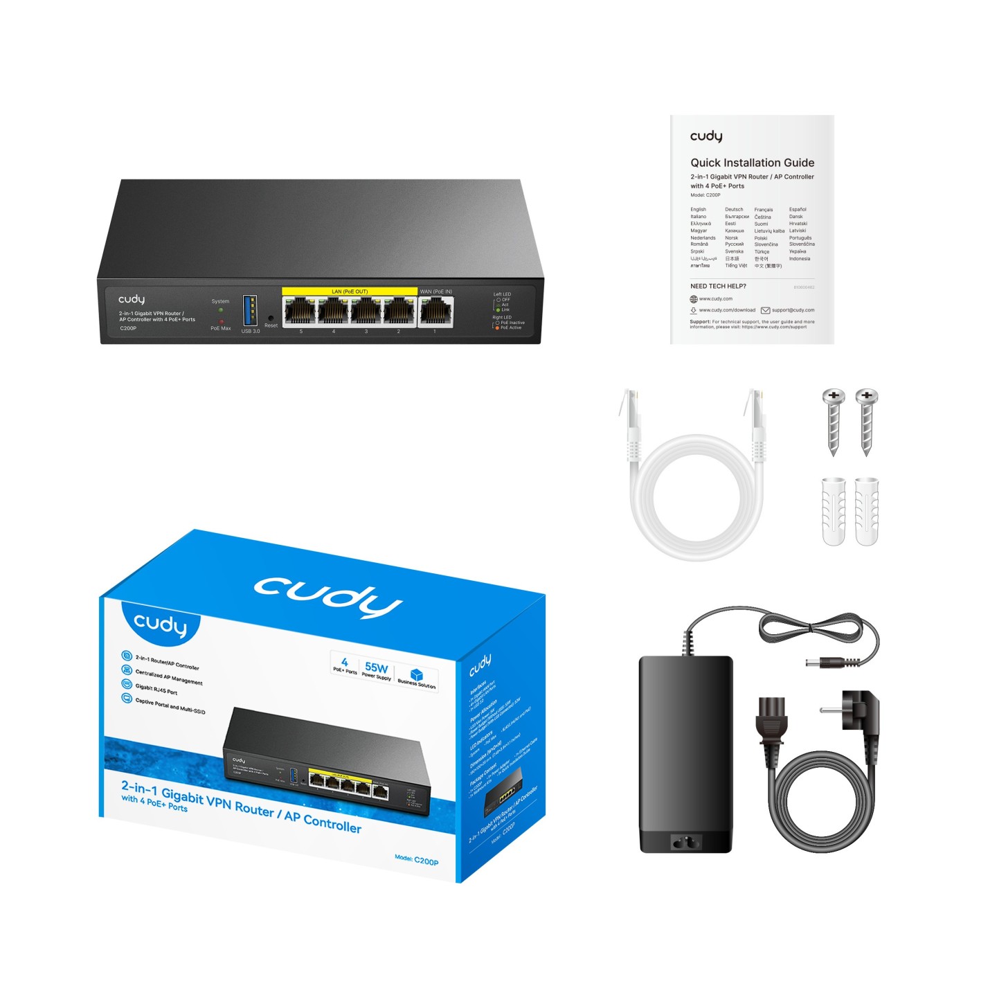 Cudy Router AP Controller - C200P - Gigabit VPN with 4 PoE+ Ports — Buy in Cyprus with Fast Delivery