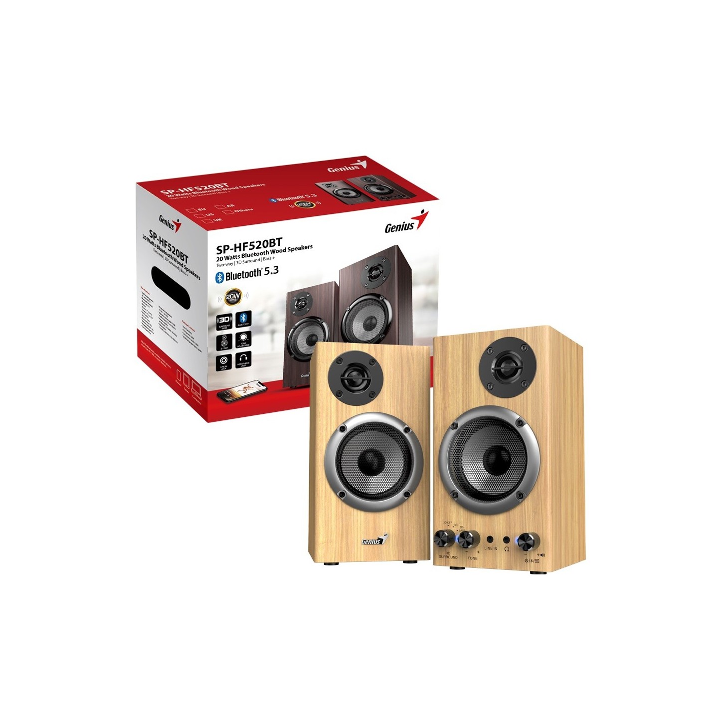 Genius 2.0 PC Speakers with BT 20W RMS Pine Wood - SP-HF520BT - 2.0 PC Speakers with BT 20W RMS Pine Wood