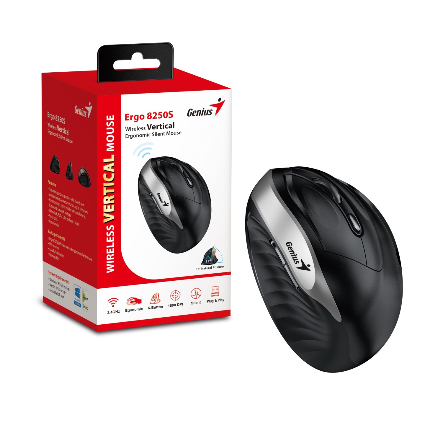 Genius Ergo 8250S Wireless Ergonomic Vertical Silent Mouse - Silver Gray (Boxed) — Buy in Cyprus with Fast Delivery