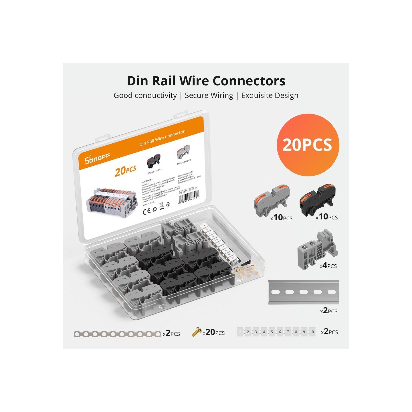 Sonoff DR DIN Rail - 211 - DIN Rail Wire Connectors, 20 Pieces — Buy in Cyprus with Fast Delivery