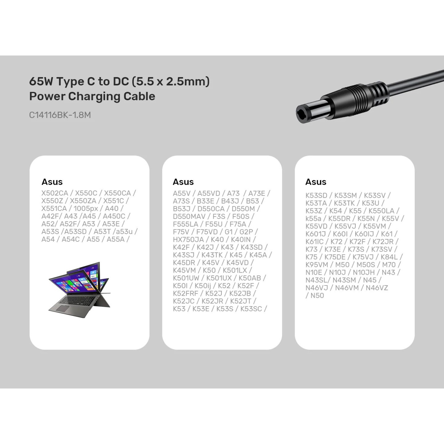 Unitek UCL USB-C to DC Cable - C14116BK - 1.8 m, 65W PD, for Toshiba-Asus, 5.5x2.5 mm — Buy in Cyprus with Fast Delivery