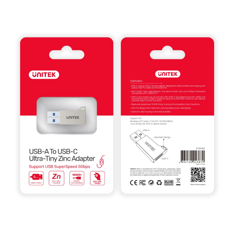 Buy Unitek USB3.1 Type-C Female to Type-A Male 5Gbps Adapter Silver A1034NI in Cyprus, Nicosia, Limassol, Larnaka, Pafos