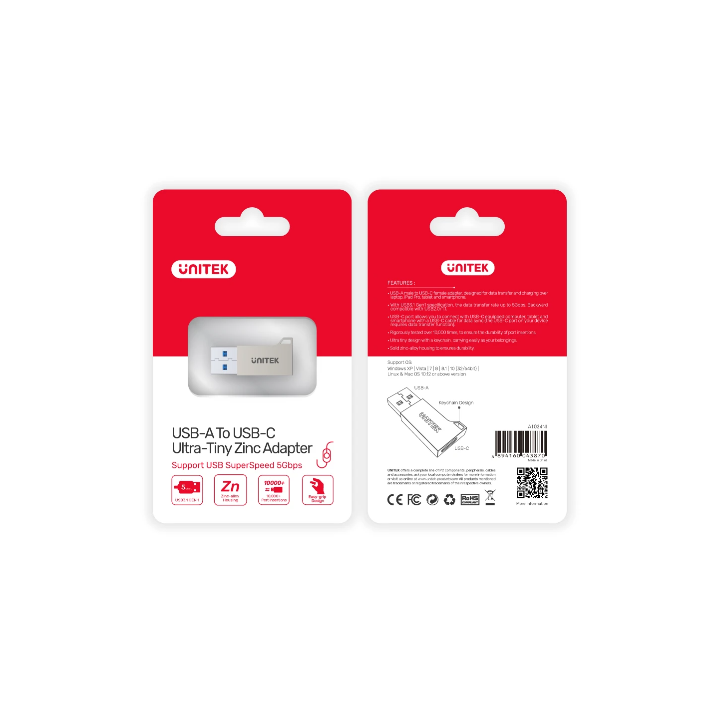 Unitek USB3.1 Type-C Female to Type-A Male 5Gbps Adapter Silver A1034NI — Buy in Cyprus with Fast Delivery