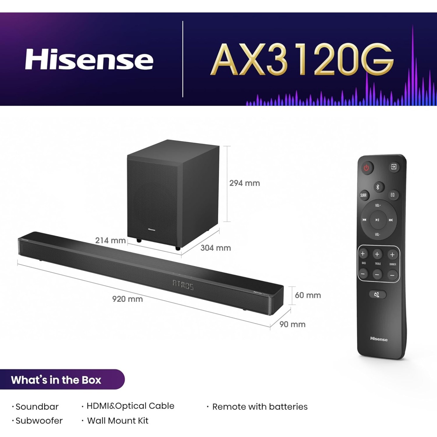 Hisense Soundbar - AX3120G - 3.1.2 CH 360W BT USB Optical DOLBY ATMOS — Buy in Cyprus with Fast Delivery