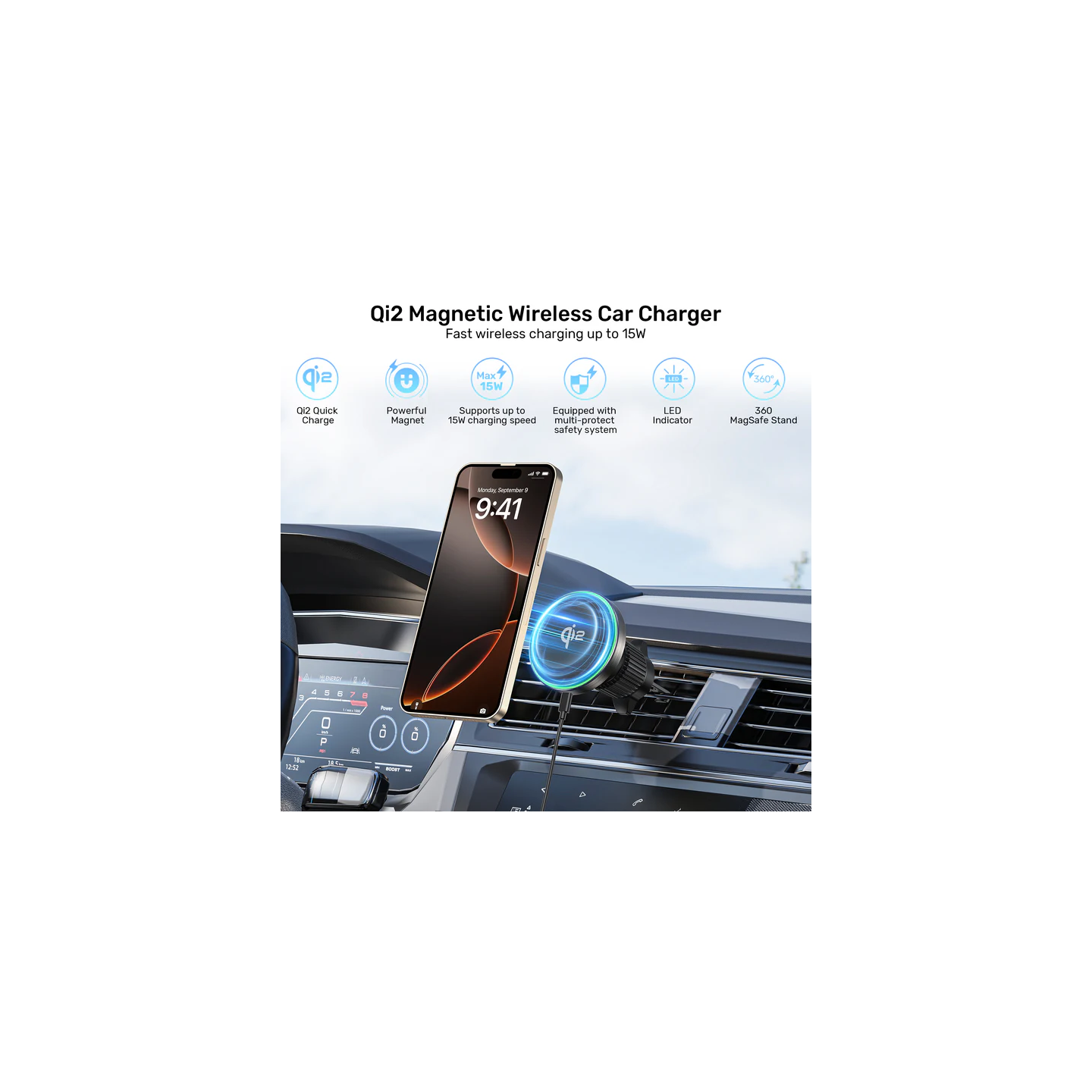 Unitek Charge Car Wireless Qi2 Magnetic 15W & AirVent Mount - P1404A - Charge Car Wireless Qi2 Magnetic 15W & AirVent Mount