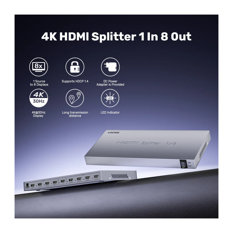 Buy Unitek HDMI Splitter - V1132A - 1x8 4K30Hz in Cyprus, Nicosia, Limassol, Larnaka, Pafos