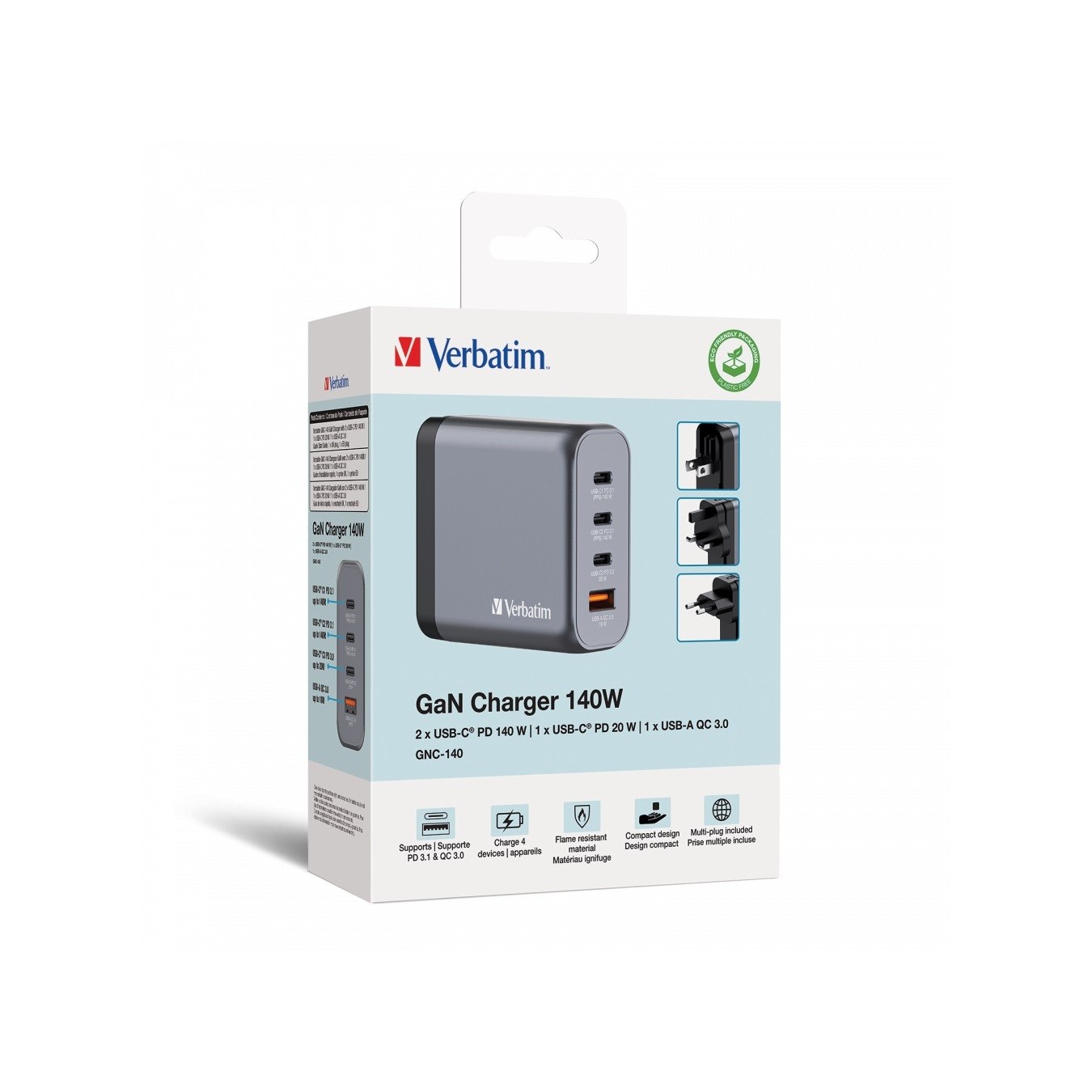 Verbatim GaN Charger 4 Port 140W USB A C (EU UK US) - GNC-140 - Verbatim GaN Charger 4 Port 140W USB A C (EU UK US)