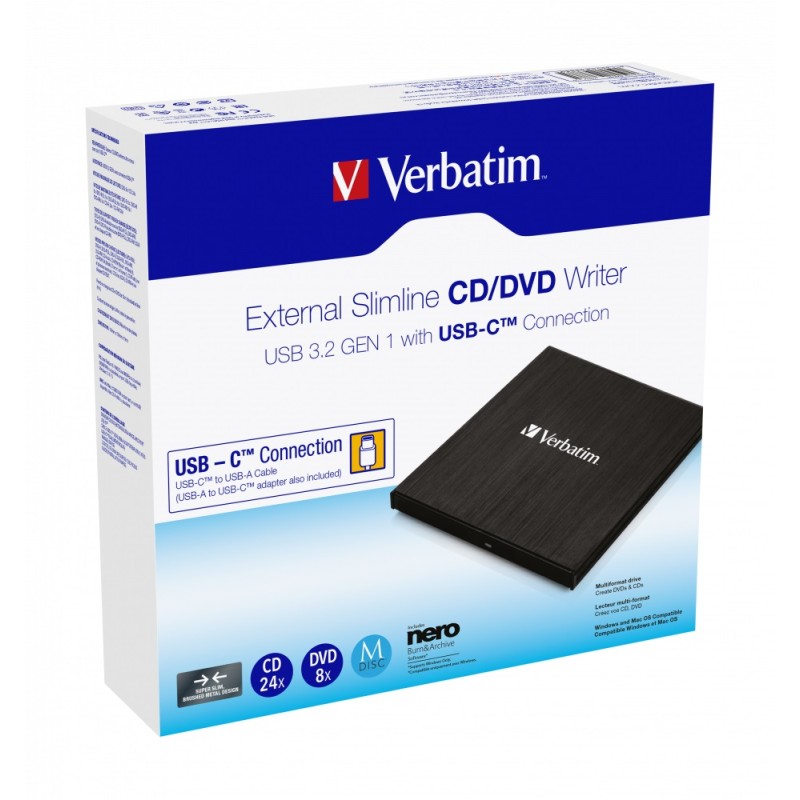 Buy Verbatim External Slimline CD DVD Writer - USB 3.2 USB-C Black in Cyprus, Nicosia, Limassol, Larnaka, Pafos
