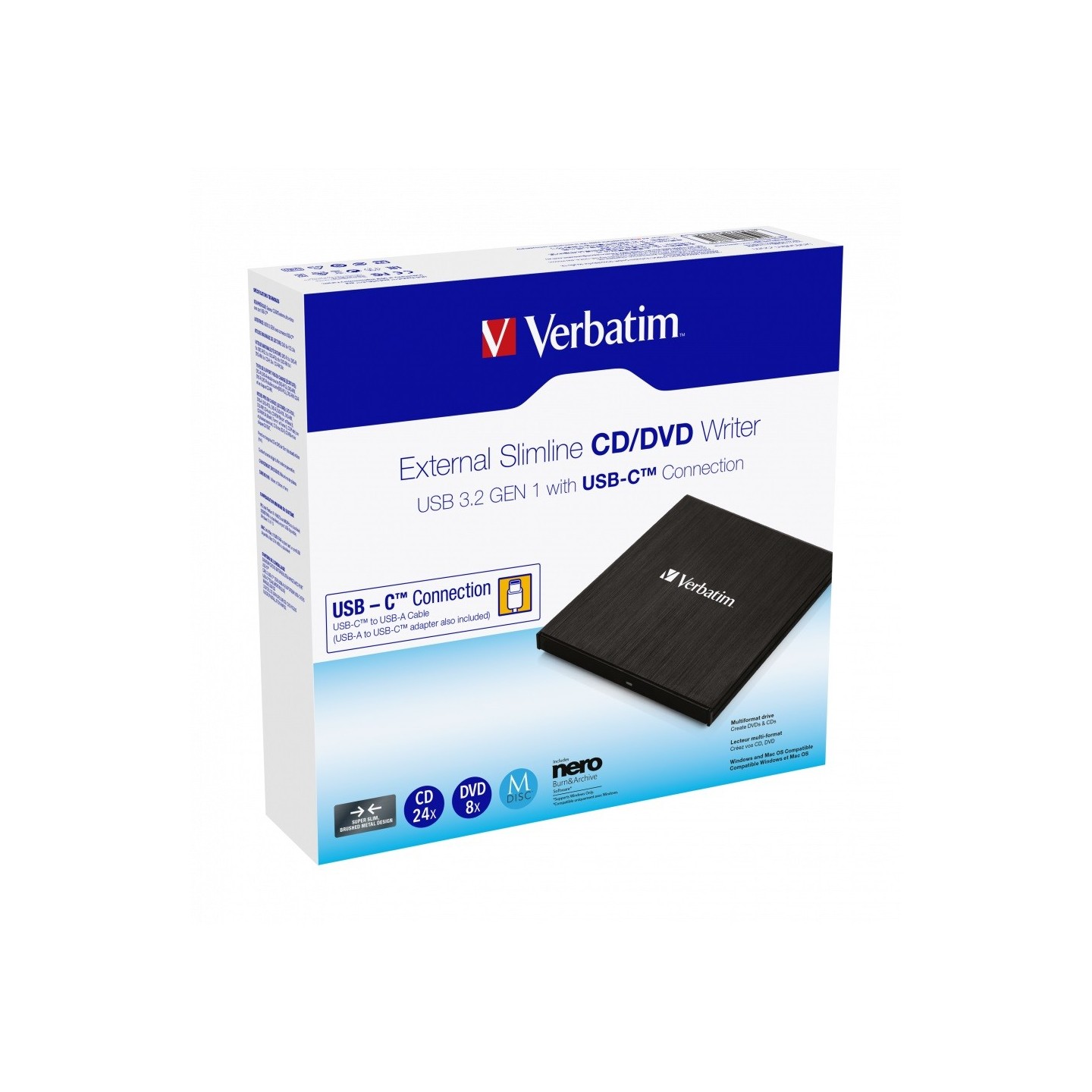 Verbatim External Slimline CD/DVD Writer USB 3.2 USB-C Black 43886 (Boxed) — Buy in Cyprus with Fast Delivery