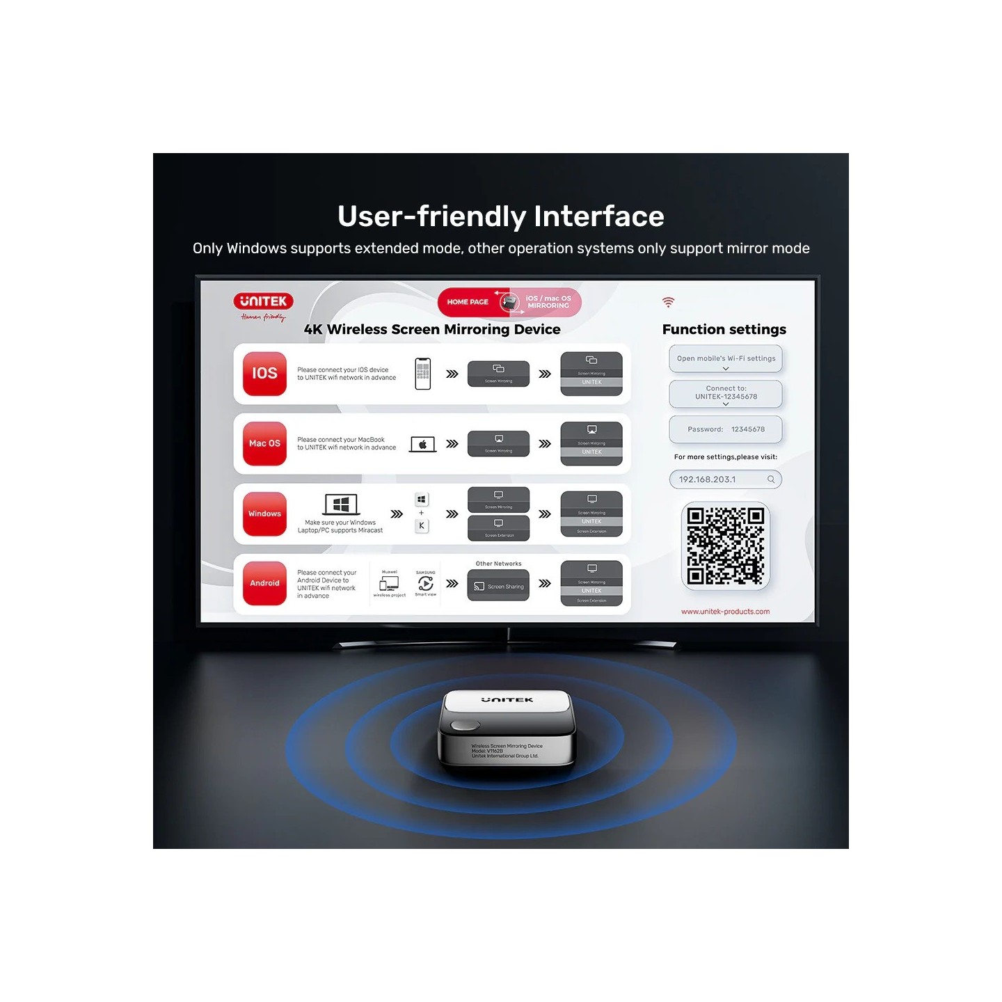 Unitek Wireless Screen Sharing Adapter - Up to 25M - Black — Buy in Cyprus with Fast Delivery