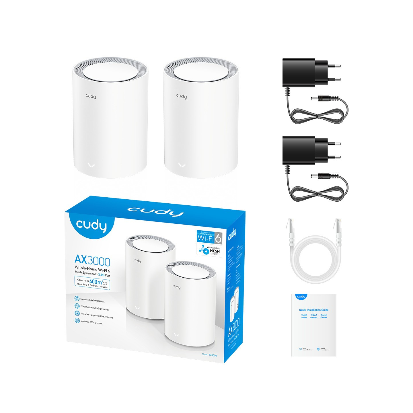 Cudy Mesh AX3000 Dual Band 2.5GbE Wi-Fi 6 2-Pack - M3000 - AX3000, Dual Band, 2.5GbE, Wi-Fi 6, 2-Pack